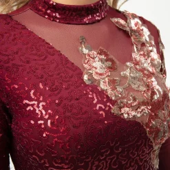 Asymmetrical Sequin Applique Long Sleeve Leotard