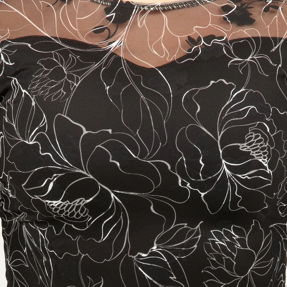 Long Sleeve Floral Flocked Mesh Leotard