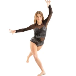 Long Sleeve Mesh Applique Sequin Leotard