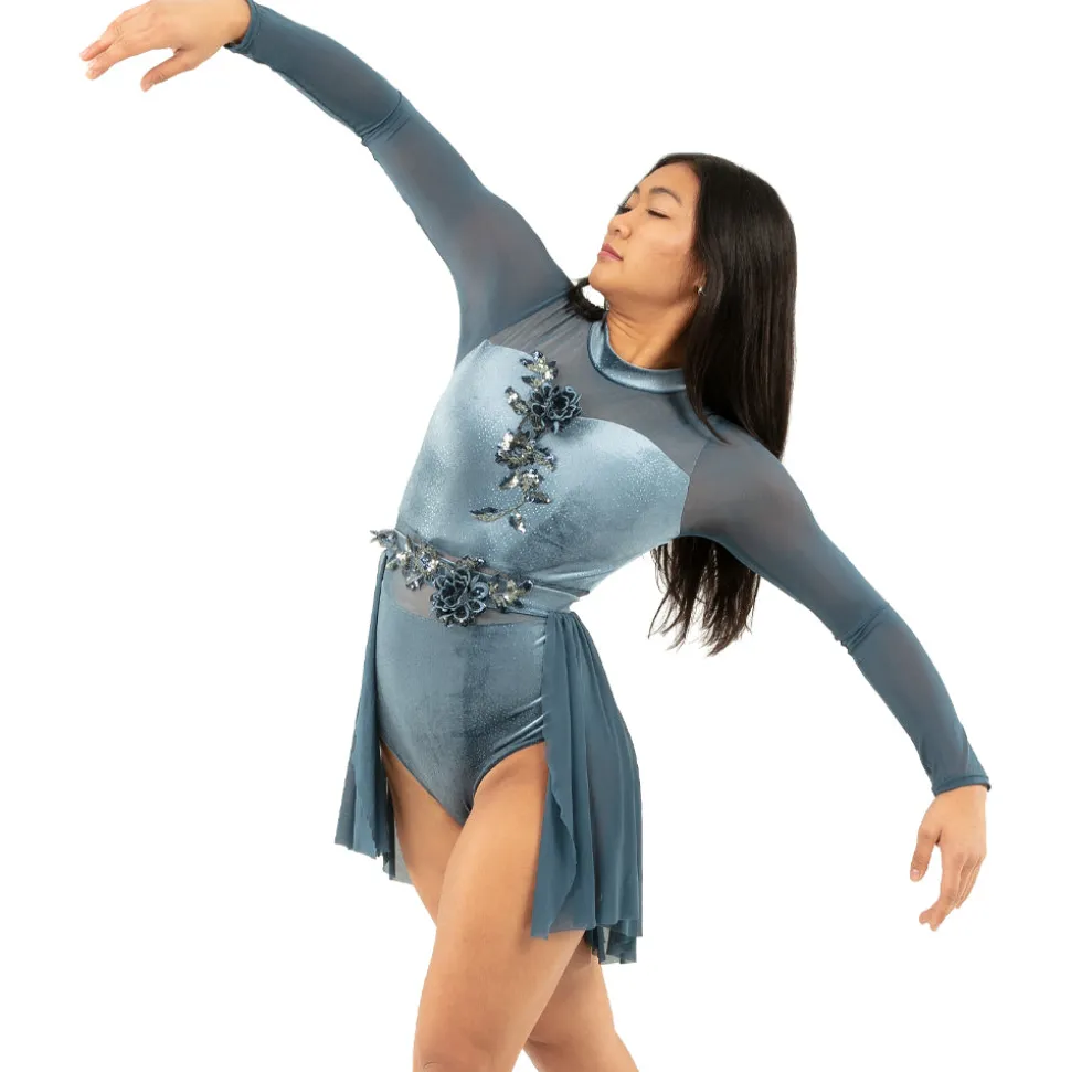 Long Sleeve Velvet Applique Leotard and Mesh Applique Skirt