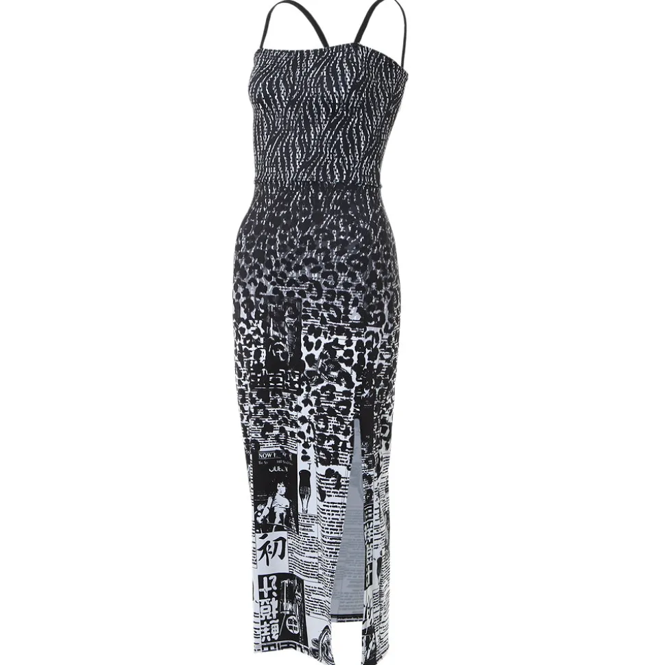 Newspaper Leopard Merge Dress with Slit