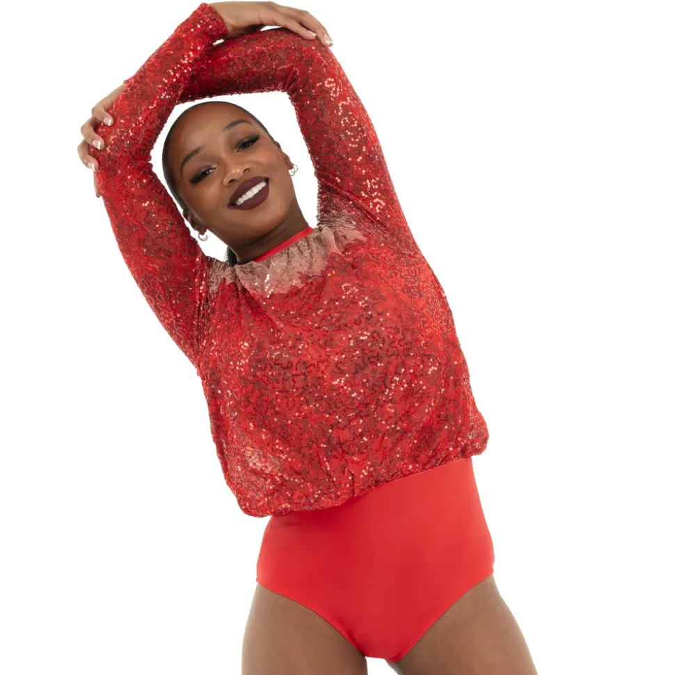 Sequin Billowed Long Sleeve Floral Leotard