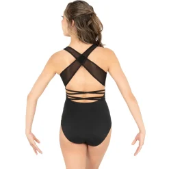 V-Neck Mesh Panel Cut Out Wide Strap Back Leotard