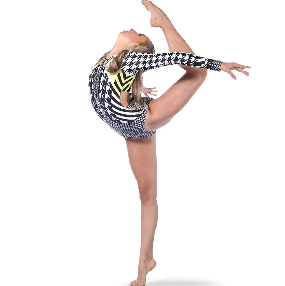 Youth Houndstooth Zipper Front Long Sleeve Leotard