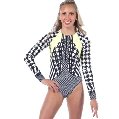 Youth Houndstooth Zipper Front Long Sleeve Leotard