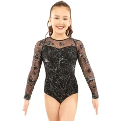 Youth Long Sleeve Floral Flocked Mesh Leotard