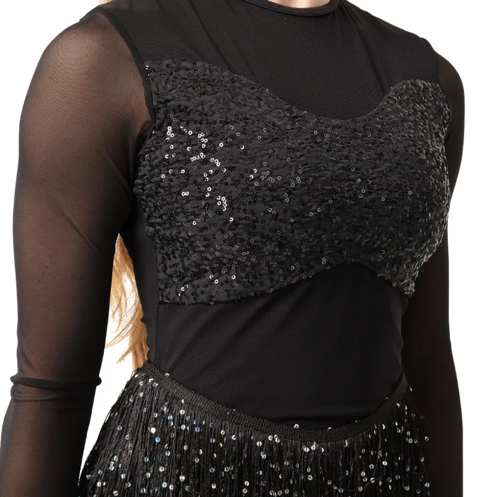 Youth Long Sleeve Sequin Mesh Fringe Leotard