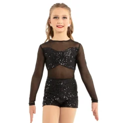 Youth Long Sleeve Sequin Mesh Biketard