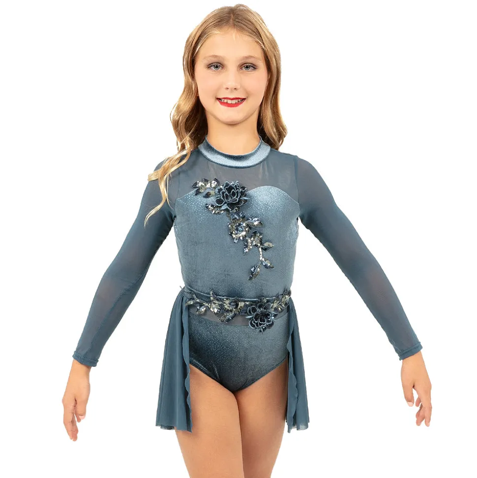 Youth Long Sleeve Velvet Applique Leotard and Mesh Applique Skirt