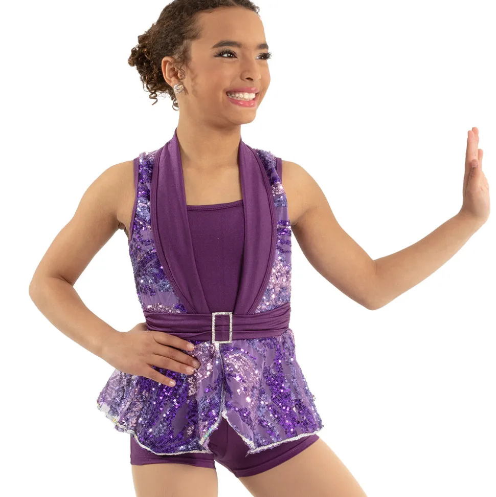 Youth Sequin Belted Shawl Collar Biketard