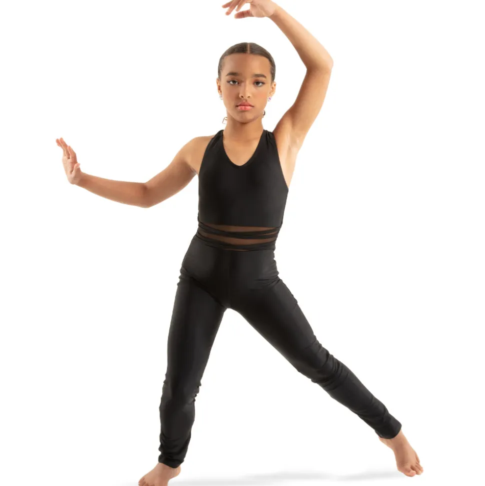 Youth V-Neck Criss Cross Mesh Panel Tank Unitard
